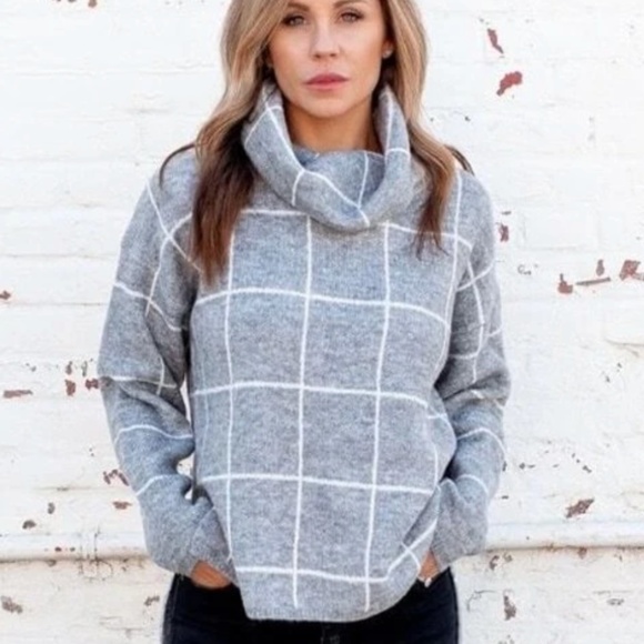 Grey Grid Printed Long Sweater Plaid Pattern Split Sides Pullover Turtleneck - Picture 11 of 16